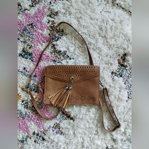 Boho style small leather crossbody bag with tassle
